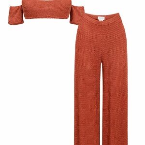 House of CB Swim Set Medium Rust Textured Bikini + Pants Cover Up